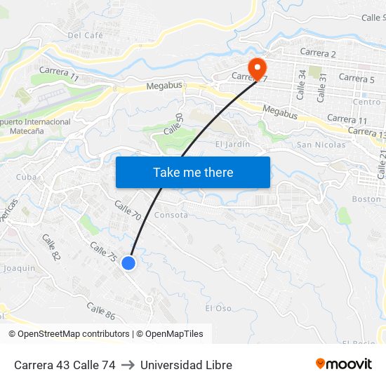 Carrera 43 Calle 74 to Universidad Libre map