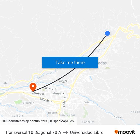 Transversal 10 Diagonal 70 A to Universidad Libre map