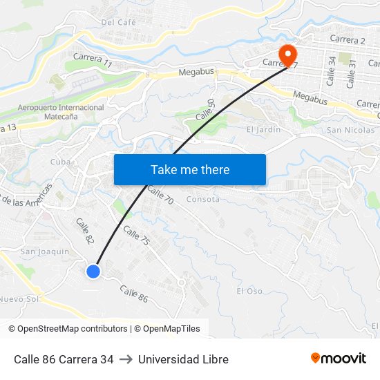 Calle 86 Carrera 34 to Universidad Libre map