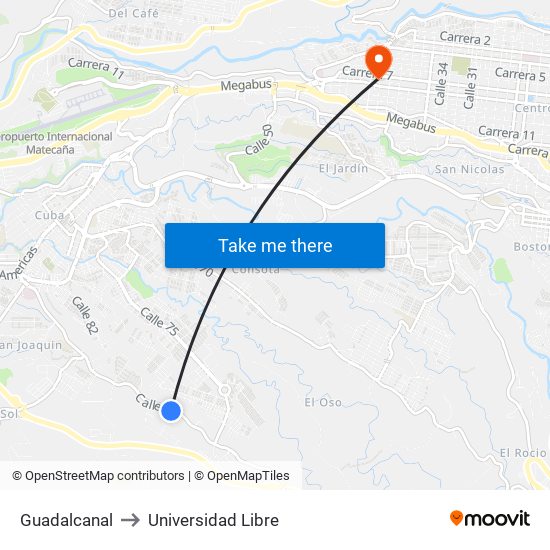 Guadalcanal to Universidad Libre map