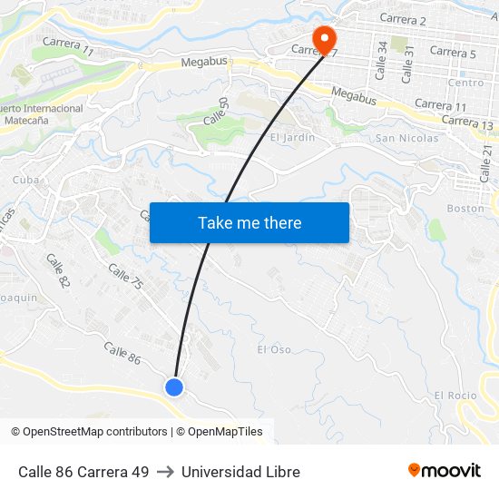 Calle 86 Carrera 49 to Universidad Libre map