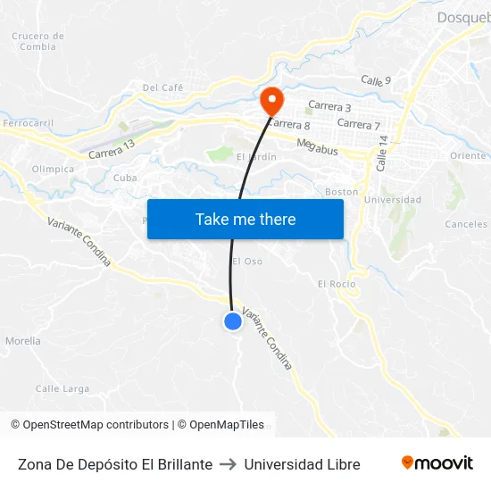 Zona De Depósito El Brillante to Universidad Libre map