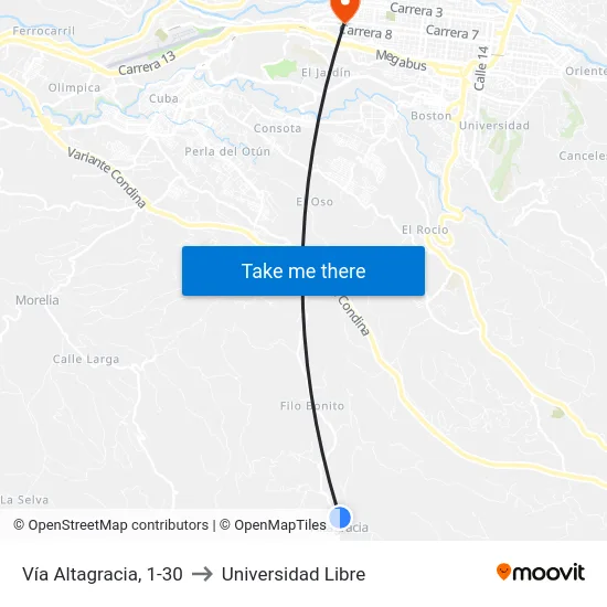 Vía Altagracia, 1-30 to Universidad Libre map