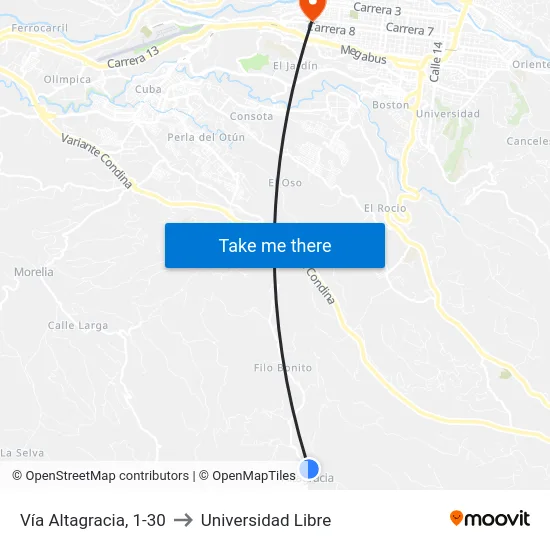 Vía Altagracia, 1-30 to Universidad Libre map