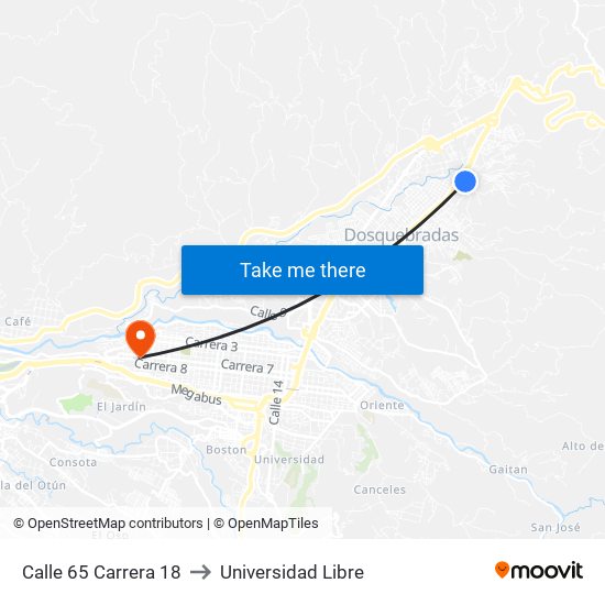 Calle 65 Carrera 18 to Universidad Libre map