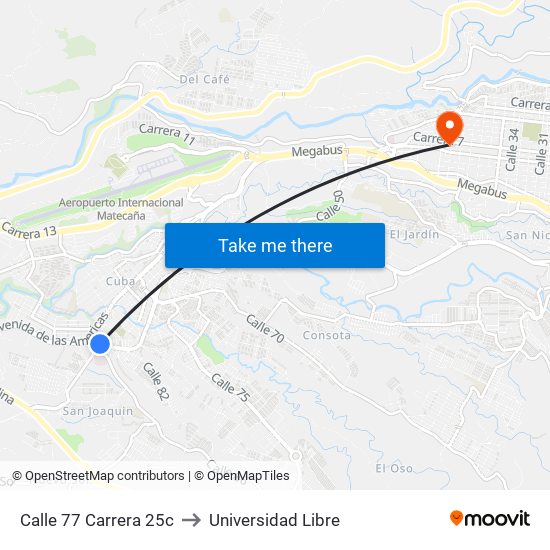 Calle 77 Carrera 25c to Universidad Libre map