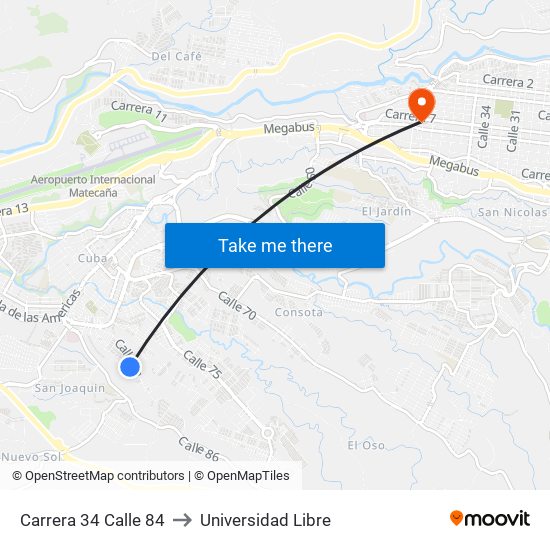 Carrera 34 Calle 84 to Universidad Libre map