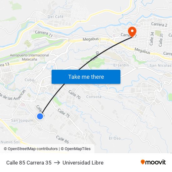 Calle 85 Carrera 35 to Universidad Libre map