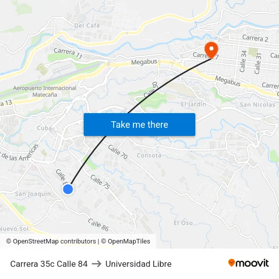 Carrera 35c Calle 84 to Universidad Libre map