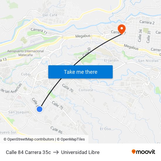 Calle 84 Carrera 35c to Universidad Libre map