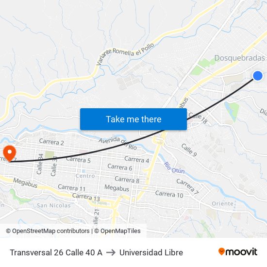 Transversal 26 Calle 40 A to Universidad Libre map