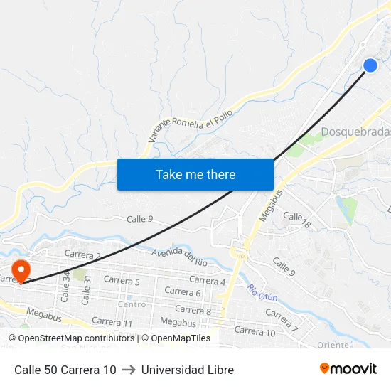 Calle 50 Carrera 10 to Universidad Libre map