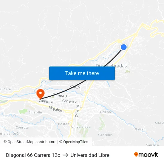 Diagonal 66 Carrera 12c to Universidad Libre map