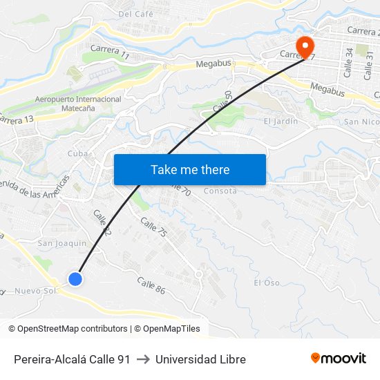 Pereira-Alcalá Calle 91 to Universidad Libre map