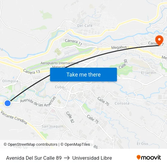 Avenida Del Sur Calle 89 to Universidad Libre map
