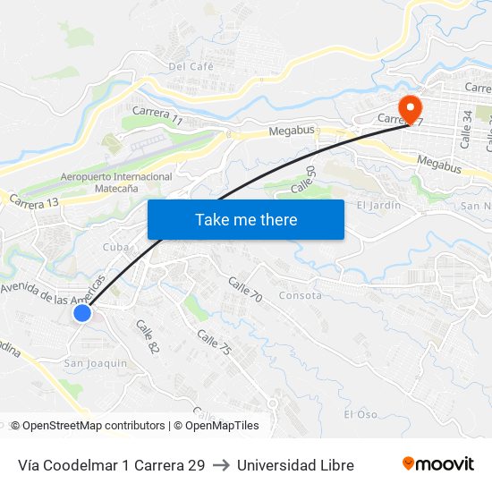 Vía Coodelmar 1 Carrera 29 to Universidad Libre map