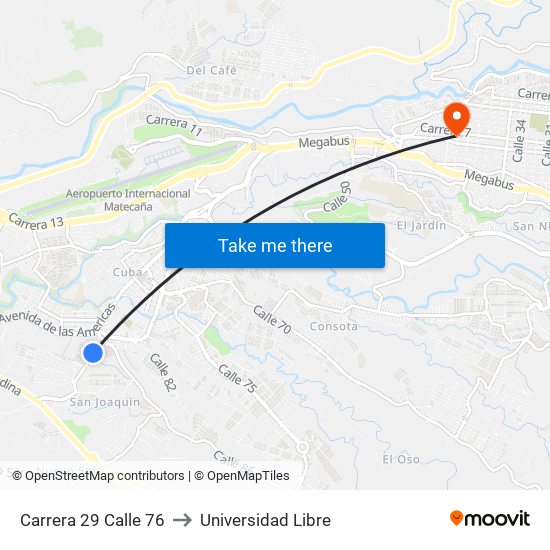 Carrera 29 Calle 76 to Universidad Libre map