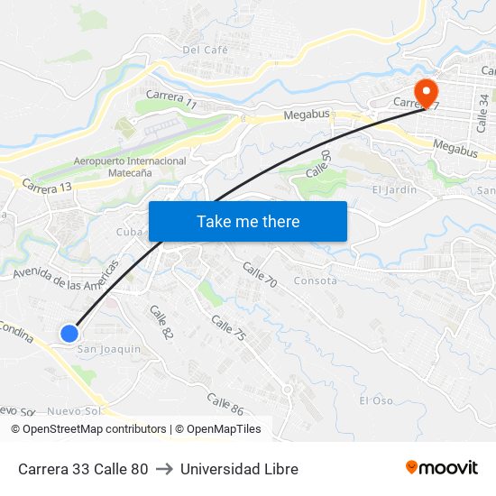 Carrera 33 Calle 80 to Universidad Libre map