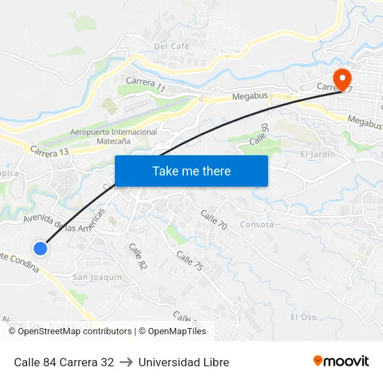 Calle 84 Carrera 32 to Universidad Libre map