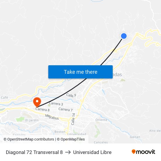 Diagonal 72 Transversal 8 to Universidad Libre map