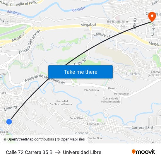 Calle 72 Carrera 35 B to Universidad Libre map