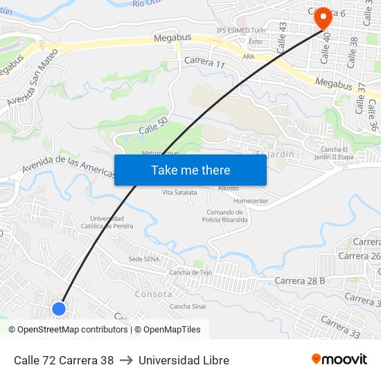 Calle 72 Carrera 38 to Universidad Libre map