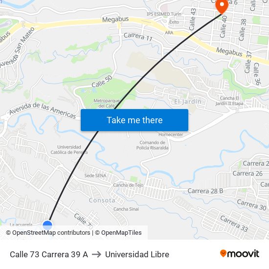 Calle 73 Carrera 39 A to Universidad Libre map