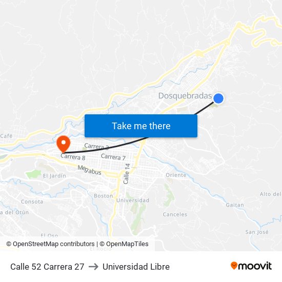 Calle 52 Carrera 27 to Universidad Libre map