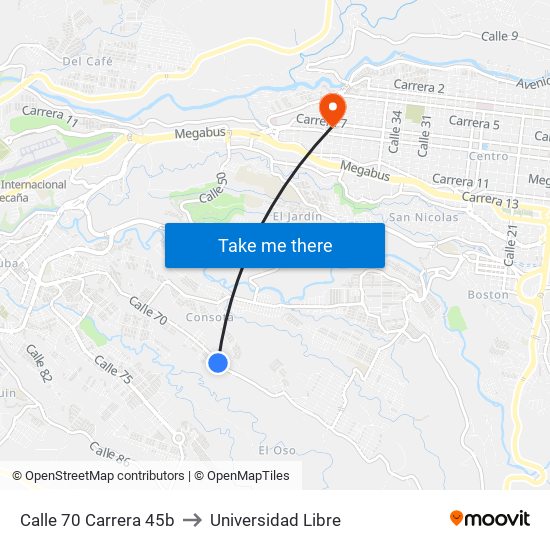 Calle 70 Carrera 45b to Universidad Libre map