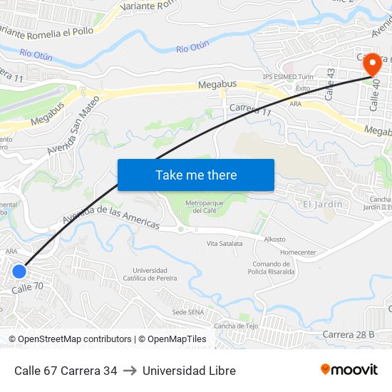 Calle 67 Carrera 34 to Universidad Libre map