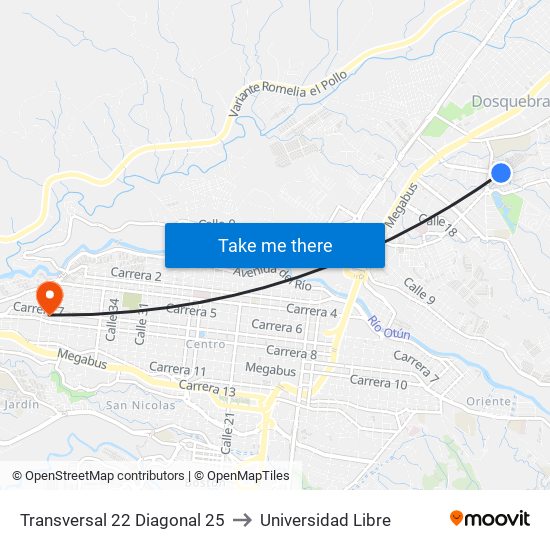 Transversal 22 Diagonal 25 to Universidad Libre map