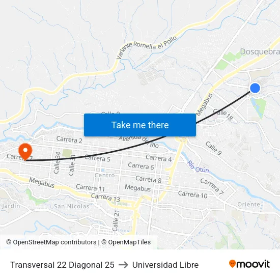 Transversal 22 Diagonal 25 to Universidad Libre map