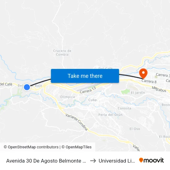 Avenida 30 De Agosto Belmonte Rojo to Universidad Libre map