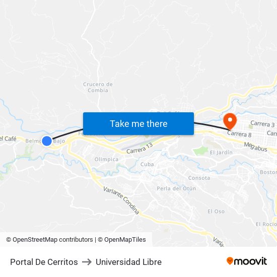 Portal De Cerritos to Universidad Libre map