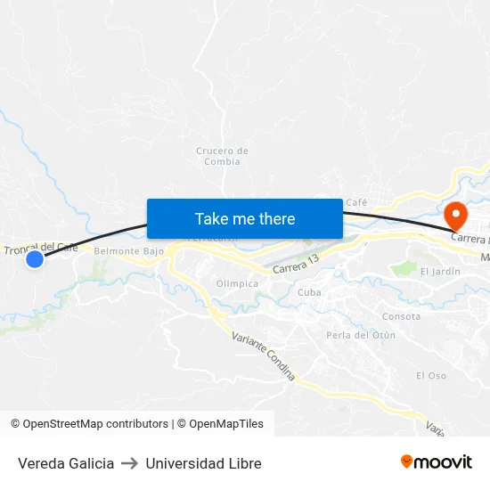 Vereda Galicia to Universidad Libre map
