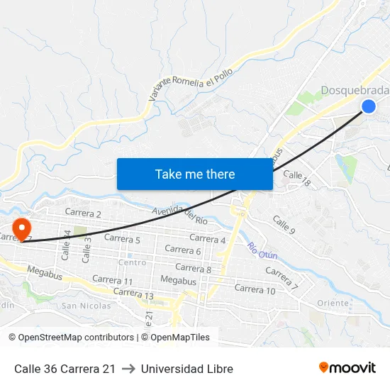 Calle 36 Carrera 21 to Universidad Libre map