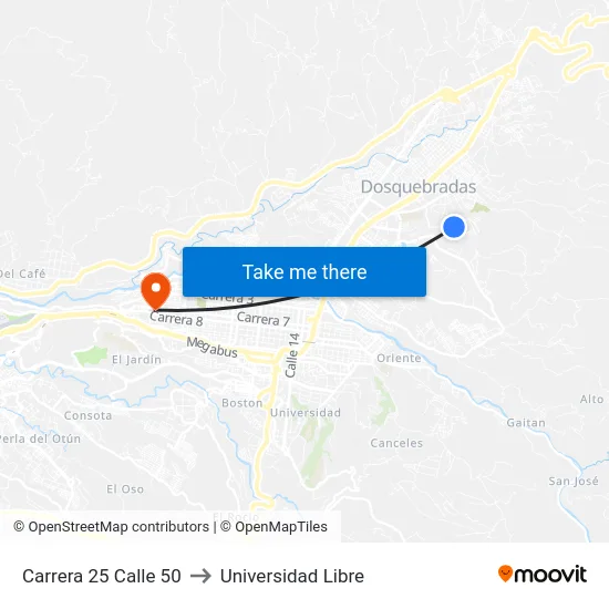 Carrera 25 Calle 50 to Universidad Libre map
