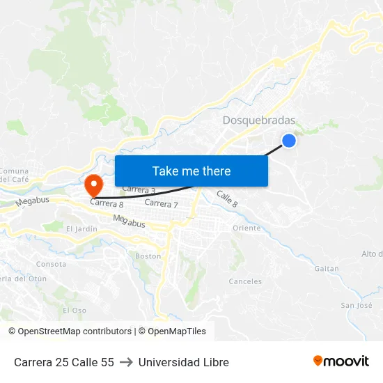 Carrera 25 Calle 55 to Universidad Libre map