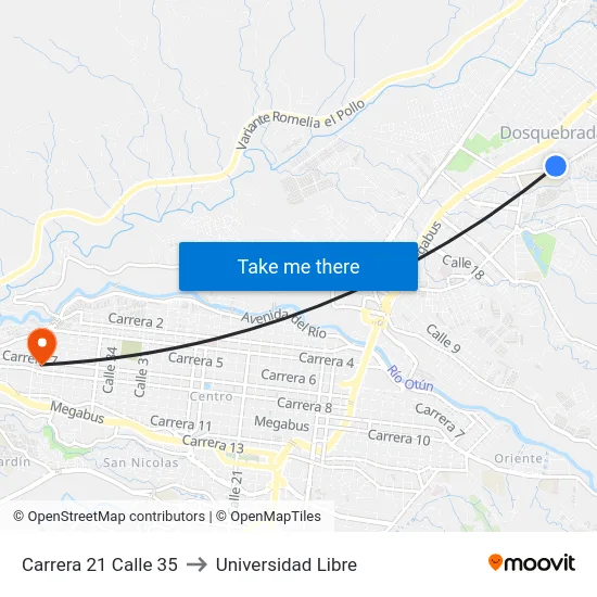 Carrera 21 Calle 35 to Universidad Libre map
