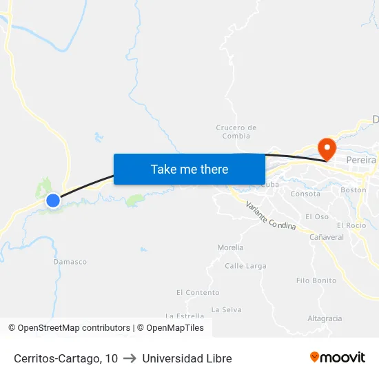Cerritos-Cartago, 10 to Universidad Libre map
