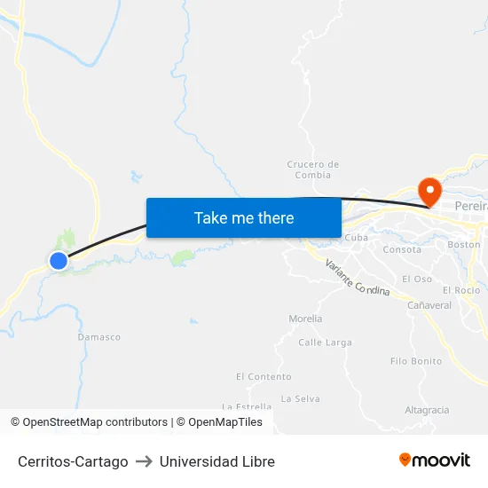 Cerritos-Cartago to Universidad Libre map