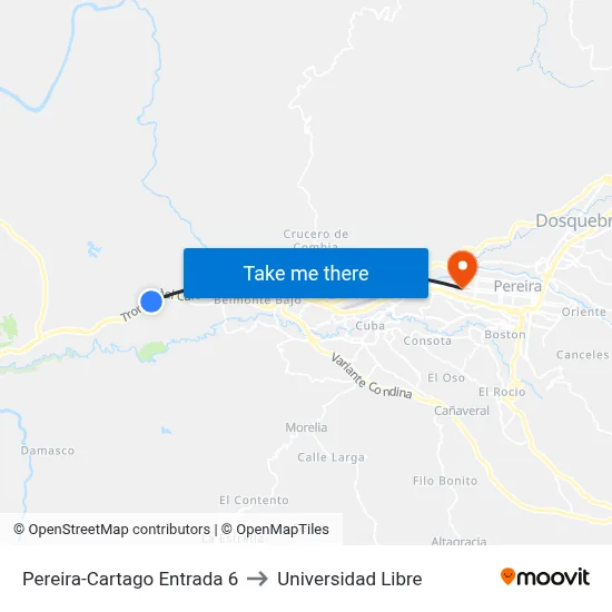 Pereira-Cartago Entrada 6 to Universidad Libre map