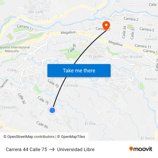 Carrera 44 Calle 75 to Universidad Libre map