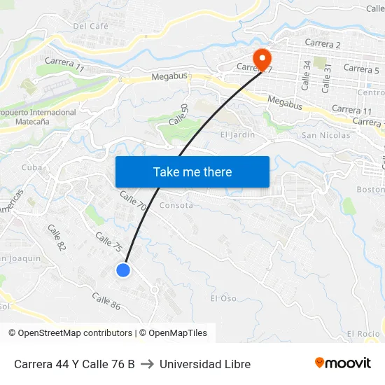 Carrera 44 Y Calle 76 B to Universidad Libre map