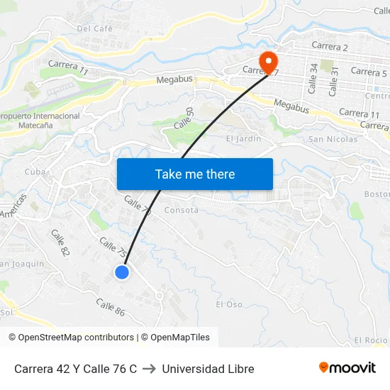 Carrera 42 Y Calle 76 C to Universidad Libre map