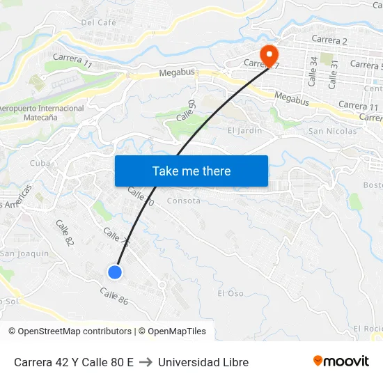 Carrera 42 Y Calle 80 E to Universidad Libre map