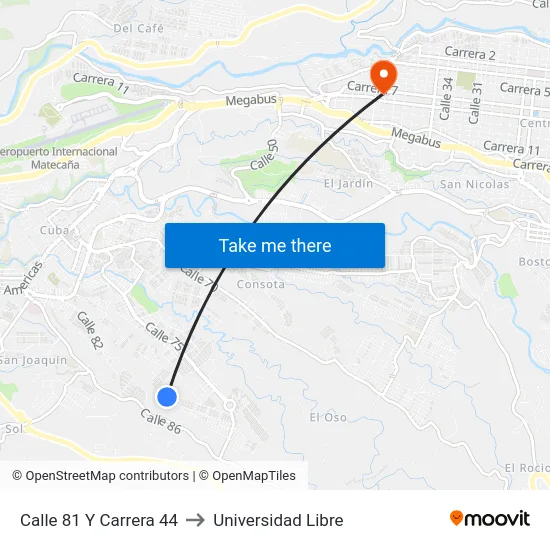 Calle 81 Y Carrera 44 to Universidad Libre map