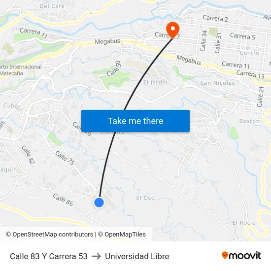 Calle 83 Y Carrera 53 to Universidad Libre map