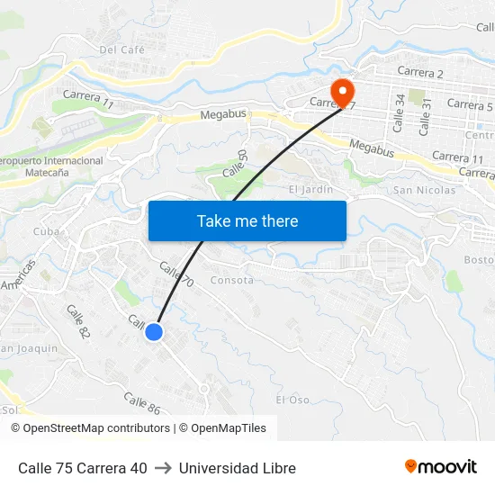 Calle 75 Carrera 40 to Universidad Libre map