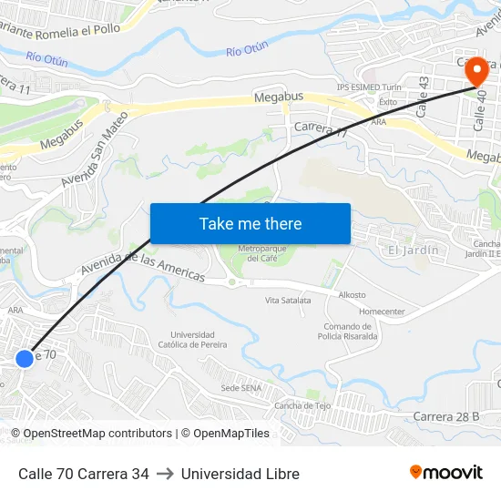 Calle 70 Carrera 34 to Universidad Libre map